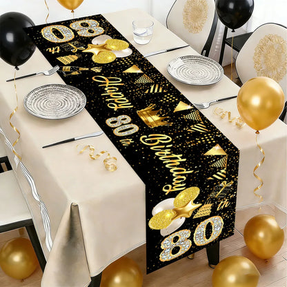 Black & Gold Birthday Table Runner – Polyester Diamond Number Crown Table Cloth for Party Centerpiece Decoration