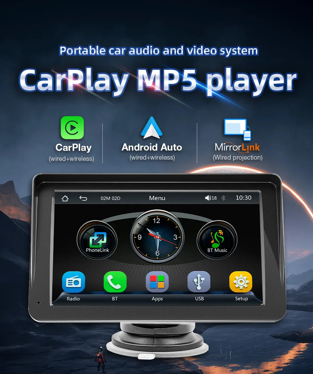 BQCC 7-inch Car Radio Multimedia Player – Wireless CarPlay & Android Auto, Touch Screen with Sun Visor (5300)