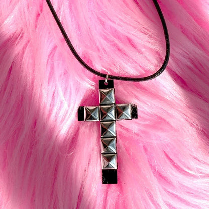 Punk Rivet Cross Pendant Necklace - Gothic Grunge Rock 90s Style Jewelry