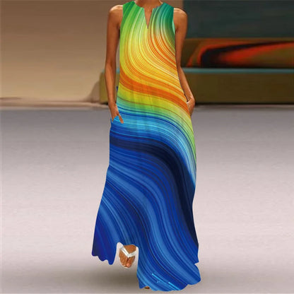 Vintage Boho Maxi Dress - Women's Summer V Neck Sleeveless Long Sundress with Pockets