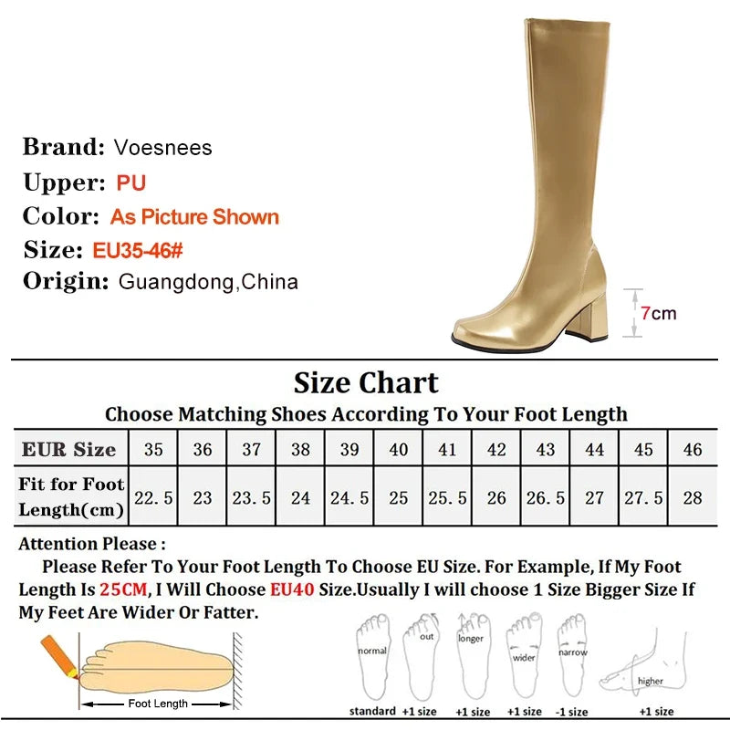 Women’s 7cm Retro Gogo Boots - 60s 70s Knee-High Square Heel Party Boots with Zip Size 44-45