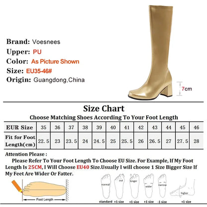 Women’s 7cm Retro Gogo Boots - 60s 70s Knee-High Square Heel Party Boots with Zip Size 44-45