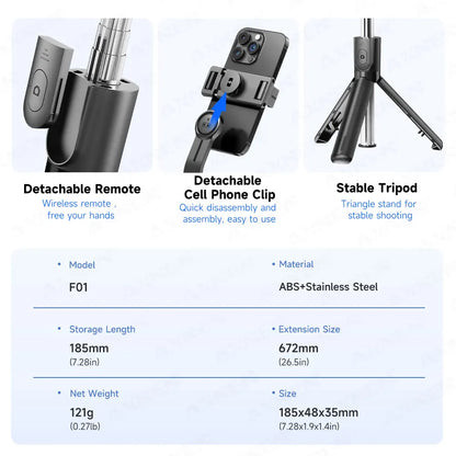 Bluetooth Selfie Stick Tripod with Wireless Remote and Phone Holder – Adjustable Desktop Stand for iPhone & Android, Optional Fill Light