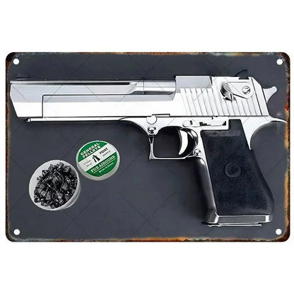 Pistol Metal Wall Sign - Military Style Decoration for Man Cave Home Cafe Bar Garden