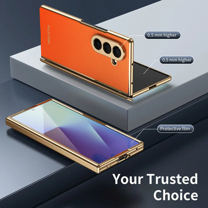 Samsung Galaxy Z Fold 4/5/6/7 Plaid Vegan Leather Case - Hinge Protection Cover with Clear Glass Protector