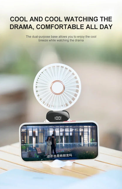 5000mAh Handheld Mini Fan – Wireless USB Rechargeable Portable Fan with Digital Display, Phone Holder, 5-Speed Foldable Neck Hanging Fan