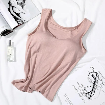 Women’s Built-In Bra Tank Top - Solid Color Padded Slim Fit Vest Shirt for Casual, Sexy & Everyday Wear