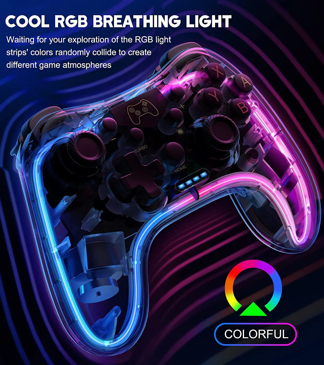 Controller 7039 for Nintendo Switch – Transparent Gamepad with RGB Lights, Turbo, Wake-Up, Multi-Platform & App Support