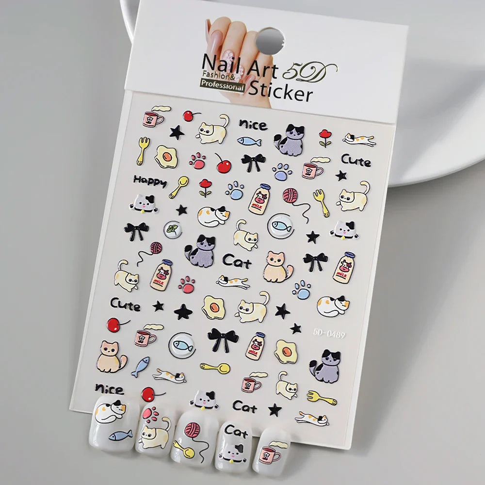 5D Macaron Nail Stickers - Embossed Flower, Fruit, Bear & Rabbit Charms for Summer DIY Manicure Decoration