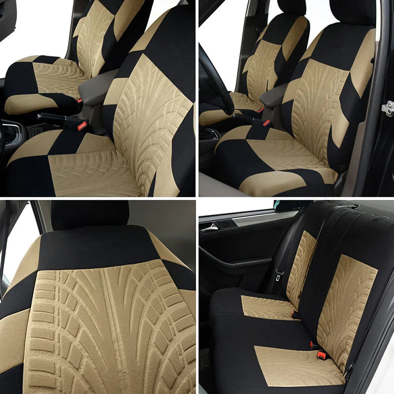 Tire Track Pattern Universal Car Seat Covers – Cloth Automotive Interior Protectors for Car, SUV & Van with Airbag Compatible Design