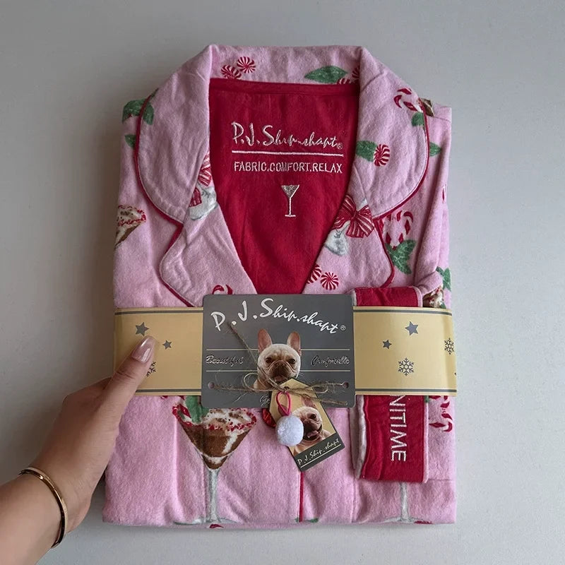 Women's Winter Cartoon Pajama Set - Warm Cotton Wool Sleepwear Long Sleeve Homewear