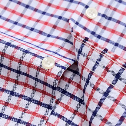 Men’s Checkered Oxford Shirt - Long Sleeve Cotton Button Down Gingham Top with Single Pocket 6XL-7XL