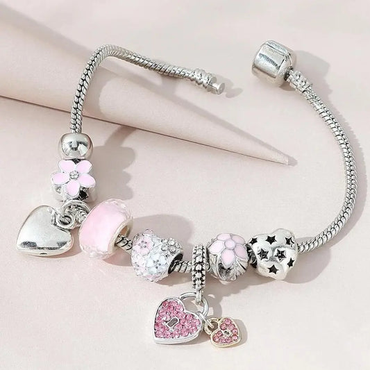 Obega Love Heart Flower Glass Pendant Bracelet – Classic Pink & White Crystal Stone, Adjustable Bead, Silver/Gold Color