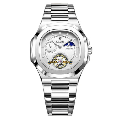 LIGE Dual Seconds Tourbillon Watch – Men's Stainless Steel Mechanical Timepiece, 24H, Night Glow, Waterproof
