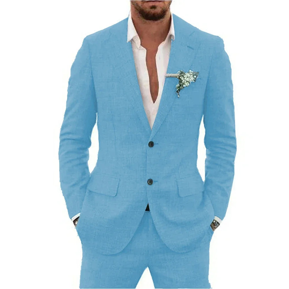 Men's Linen Suit Set - Slim Fit Notched Lapel 2 Piece Wedding & Beach Tuxedo Outfit For Summer Casual Formal Wear