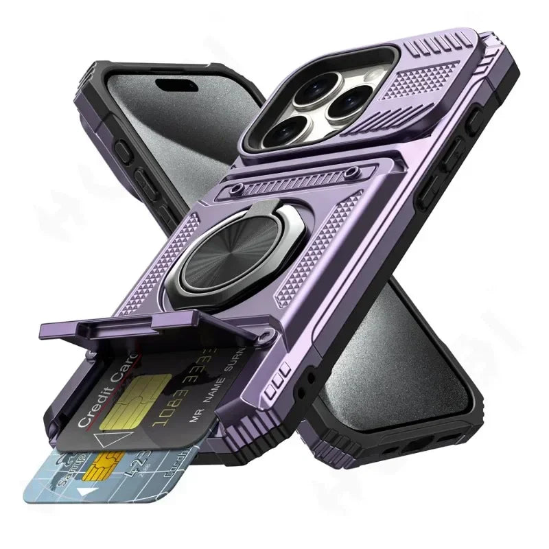 Magnetic Ring Kickstand iPhone Case - Heavy Duty Drop Protection Wallet Cover for iPhone 7-16 Series