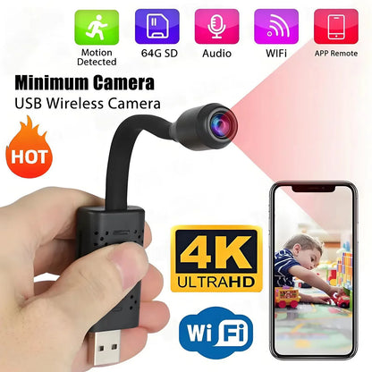 4K USB WiFi Mini Camera - Flexible Lens Motion Detection Video Recorder for Security Monitoring