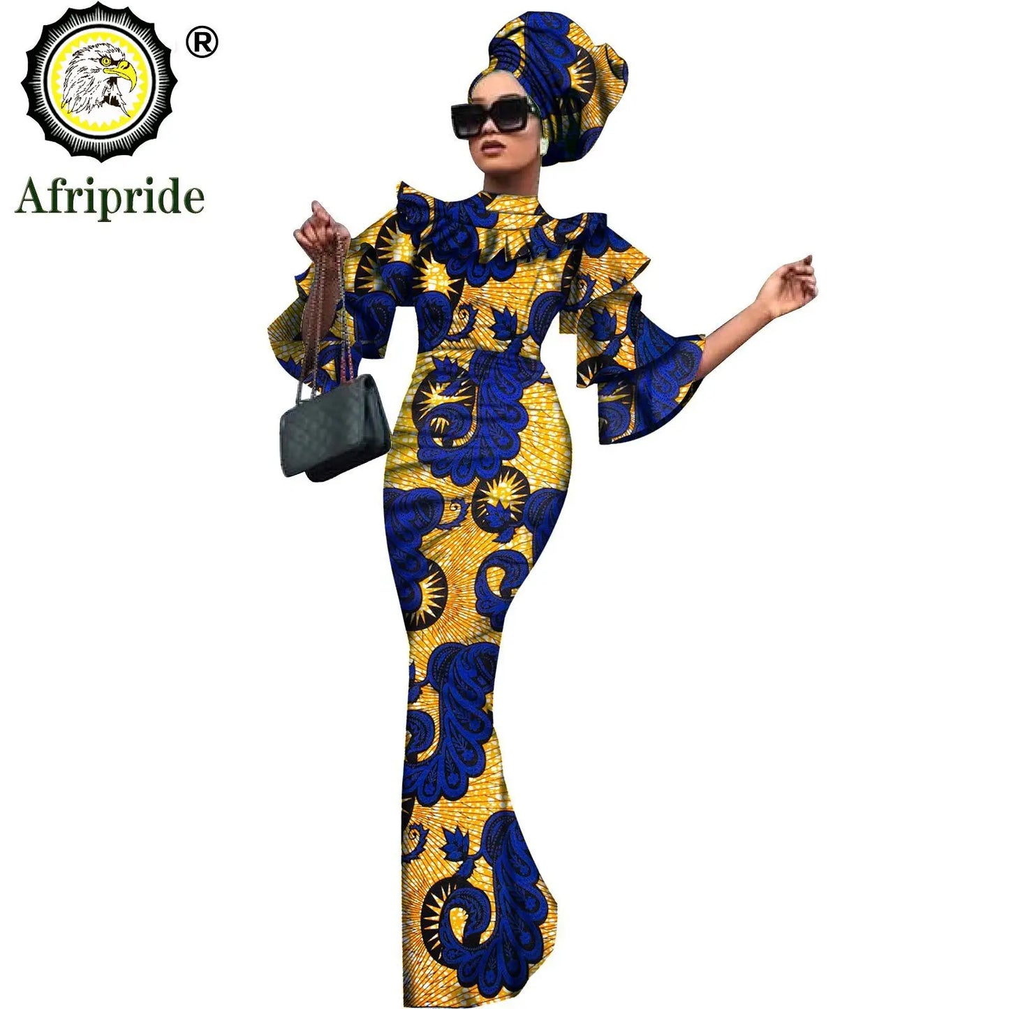 African Bazin Riche 2-Piece Dress Set - Plus Size Bodycon Dress with Headwrap for Women