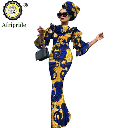 African Bazin Riche 2-Piece Dress Set - Plus Size Bodycon Dress with Headwrap for Women