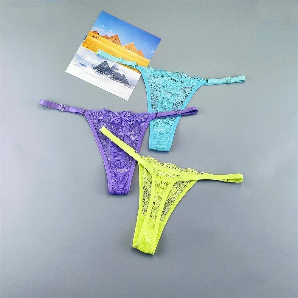 Women's Transparent Lace Thong Set - 3PCS Adjustable Low Waist Sexy T-Back Underwear