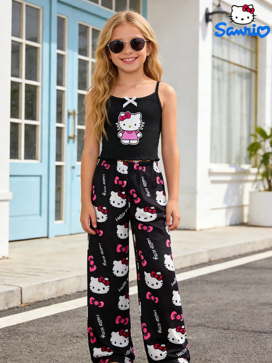 Girls Sanrio Hello Kitty Pants Set - Summer Tank Top & Wide Leg Casual Pants for Outdoor and Home Wear