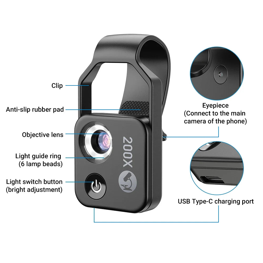 100X/200X Microscope Phone Lens with Clip – Magnifier for Plants, Insects, Hair, Skin, Jewelry & Jade Inspection