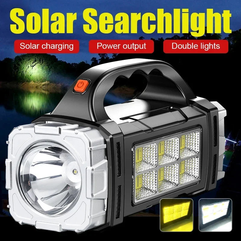 Powerful LED Flashlight - USB & Solar Rechargeable COB Camping Torch with Portable Searchlight Power Bank