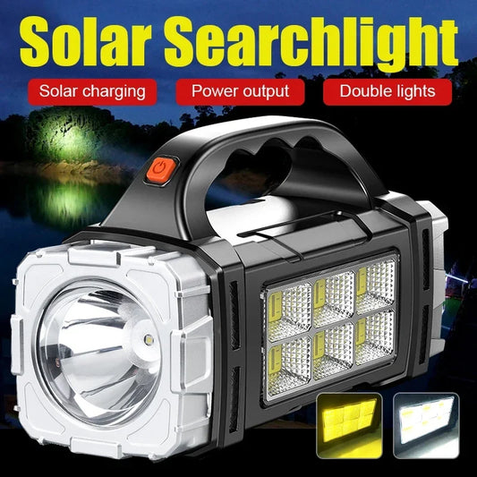 Powerful LED Flashlight - USB & Solar Rechargeable COB Camping Torch with Portable Searchlight Power Bank