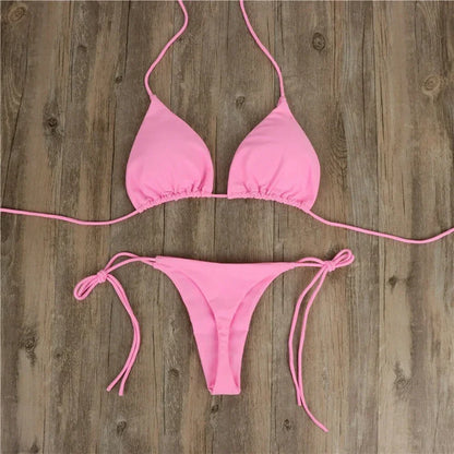 3-Piece Sexy Halter Bikini Set - Solid Color Thong Swimsuit for Beach & Swimwear