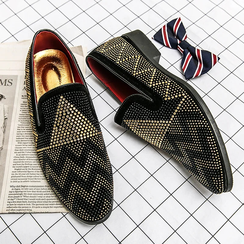 Men's Pointed Toe Embroidered Dress Shoes - Rhinestone Flat Wedding, Prom & Formal Shoes