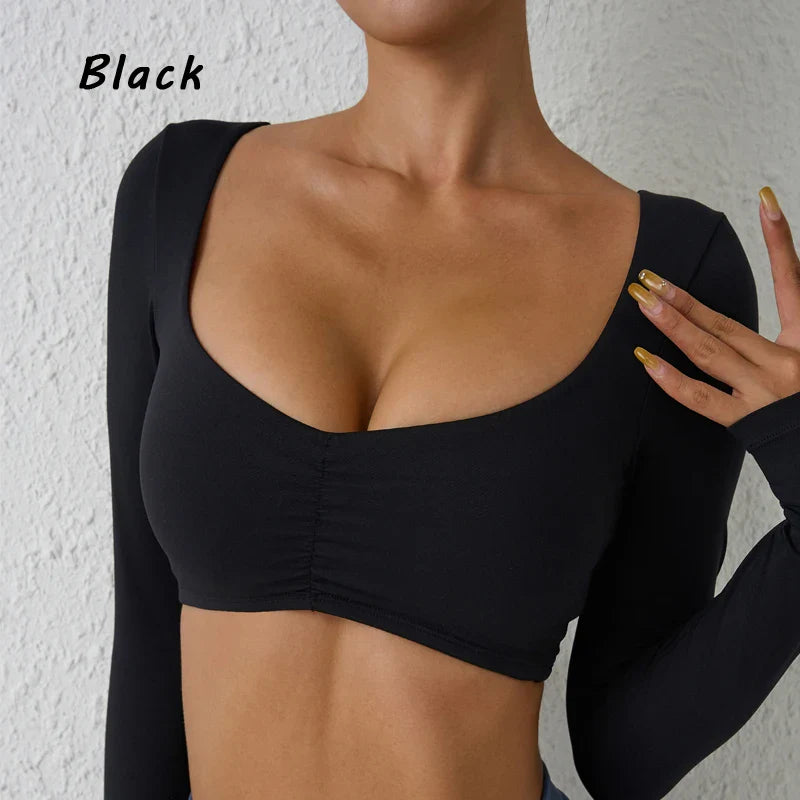 DIAS FIT JOY Women’s Nylon Gym Top – Long-Sleeve Pleated Yoga & Sports T-Shirt, Waist-Fitting Activewear