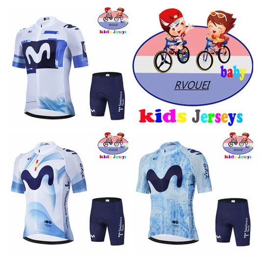 Kids Cycling Jersey Set - Baby Movistar Team Style Road Bike Shirt and Pants Suit for Boys and Girls MTB Riding