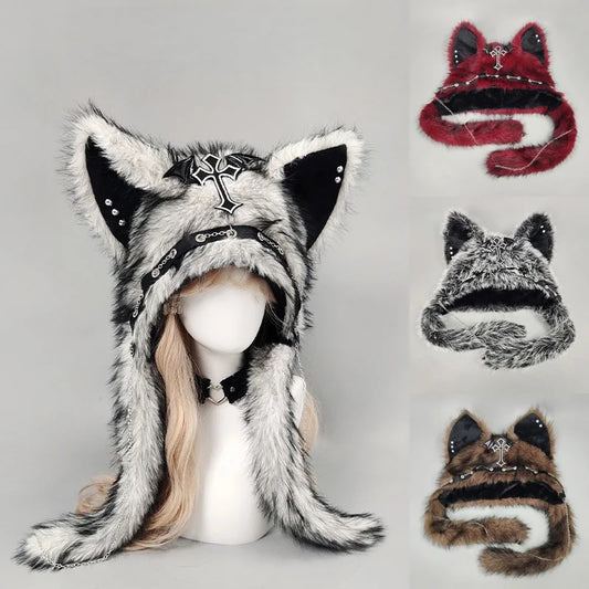Dark Series Gothic Cat Ear Plush Hat — Y2K Cross Metal Style Cosplay Punk Rock Warm Cap for Men, Women & Kids