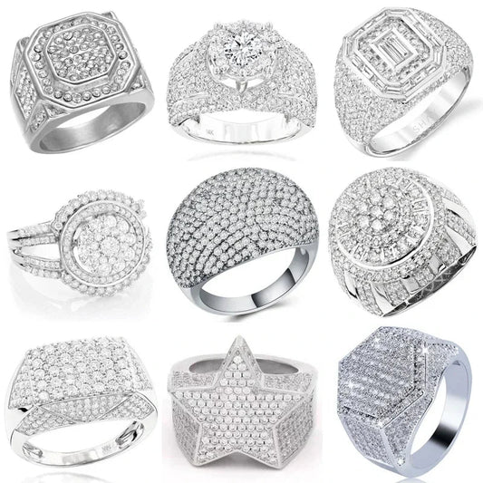Hip Hop Iced Out Men Ring - Trendy Copper Pave CZ Geometry Jewelry with Bling Cubic Zirconia Design
