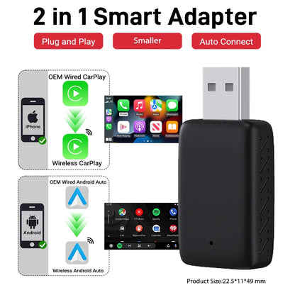 2025 2-in-1 Wired to Wireless CarPlay Adapter – Android Auto Smart Box, Plug & Play, Universal with OTA Update