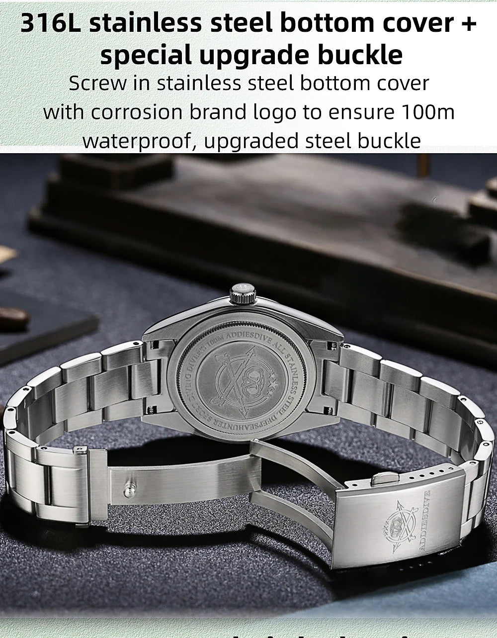 ADDIESDIVE Men's Luxury Quartz Watch – VH31, 100m Waterproof, Green AR Coating, Luminous, 316L Stainless Steel, 36mm
