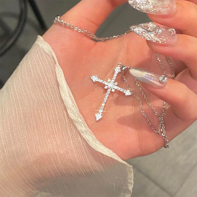 Women’s Crystal Zircon Cross Necklace - Trendy Chain Choker Pendant Jewelry for Party and Gift Style