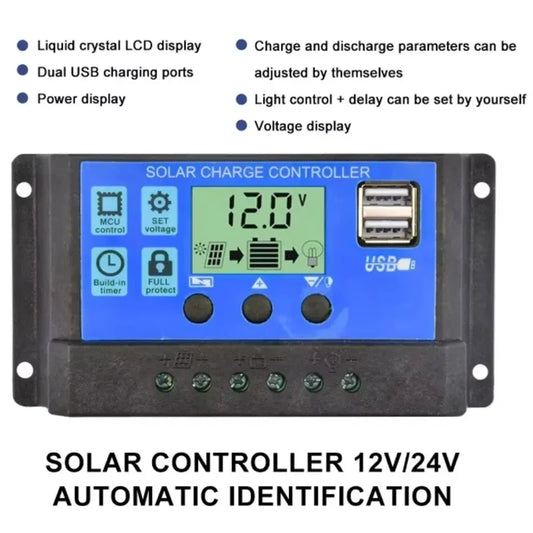 Solar Charge Controller - 12V/24V PV Regulator with LCD Display Dual USB 5V Output Load Discharge for Solar Panels