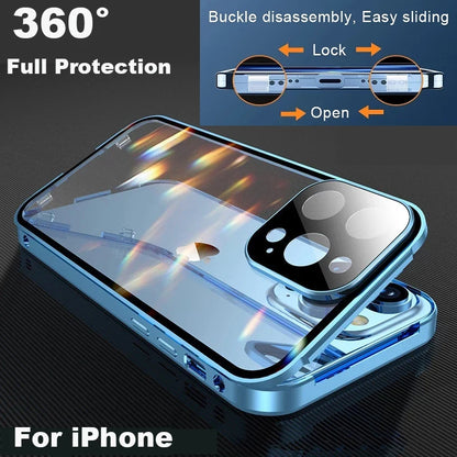 360° Full Protection Magnetic Metal Phone Case - Double Sided Glass Snap Lock Bumper Cover for iPhone 16 Pro Max 15 14 13 12 11 Pro Max