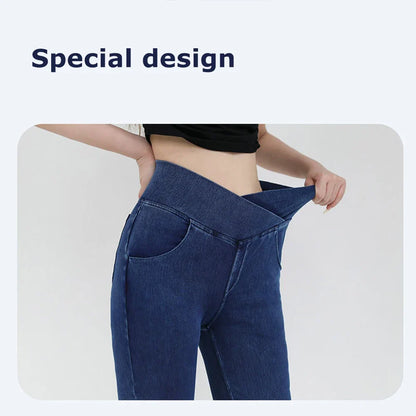 Women's High Waist Flare Leggings - Stretch Denim Yoga Pants for Fitness & Casual Wear