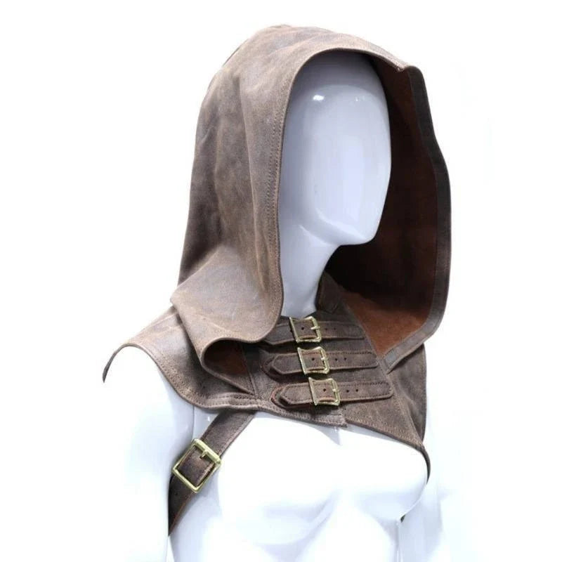 Adjustable Medieval Gothic Cowl Hat — Faux Leather Steampunk Hooded Cloak Cape for Men & Women Cosplay Accessory