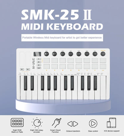 M-VAVE SMK-25 II MIDI Pad Controller Keyboard – 25 Key USB Mini, 16 RGB Drum Pads, 8 Knobs, Music Production Software Included