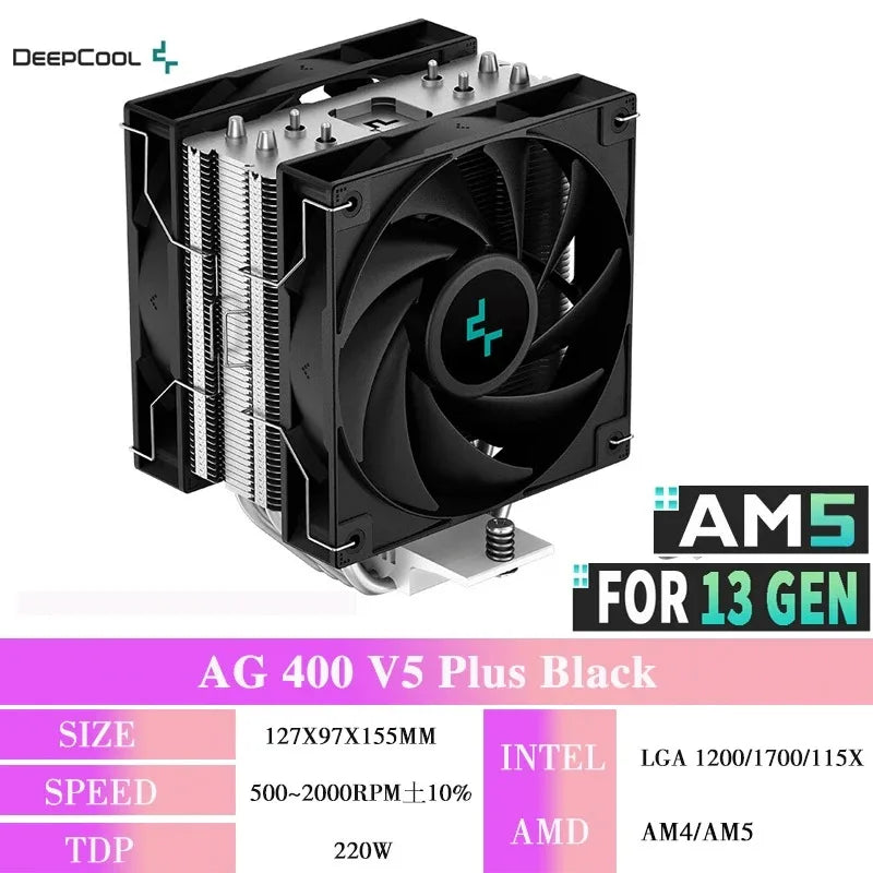 DEEPCOOL AG400 CPU Air Cooler — 4 Heat Pipe ARGB PWM Radiator, 220W TDP for Intel LGA1700/1200/115X/1151/1155 & AMD AM4/AM5