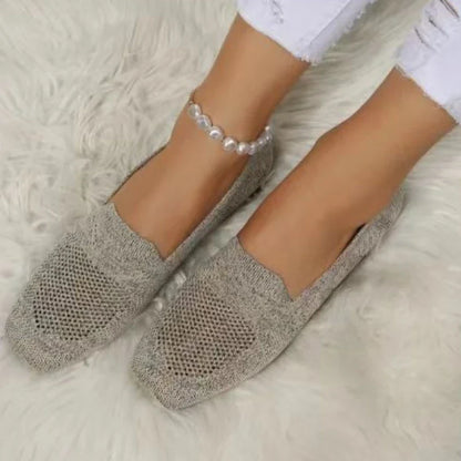 Solid Color Square Toe Mesh Loafers – Women’s Casual Slip-On Ballet Flats, Soft Bottom Knit Boat Shoes