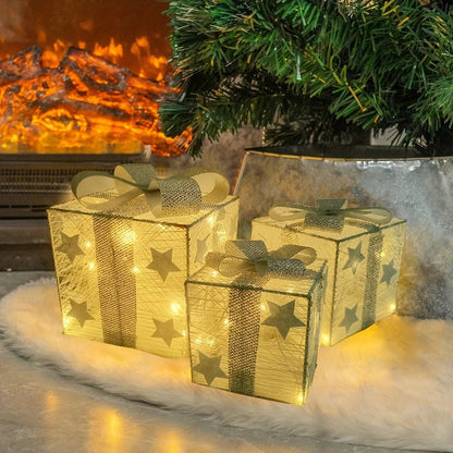 3-Piece Christmas LED Gift Box Set - Lighted Indoor & Outdoor Holiday Decoration