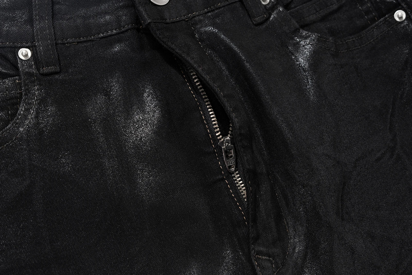 Men’s Streetwear Black Wax Leather Stretch Jeans — Baggy Y2K Flare Oversized Straight Denim Trousers