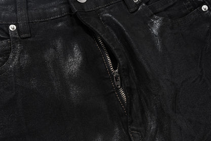 Men’s Streetwear Black Wax Leather Stretch Jeans — Baggy Y2K Flare Oversized Straight Denim Trousers