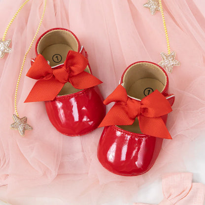 Meckior Baby Girl Shoes – Bowknot PU Ballet Slippers with Rubber Anti-Slip Sole, First Walker Toddler Crib Dress Shoes