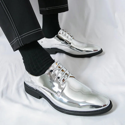 Men’s Luxury Silver Patent Leather Oxford Shoes - Pointed Toe Wedding & Party Dress Shoes 38-50