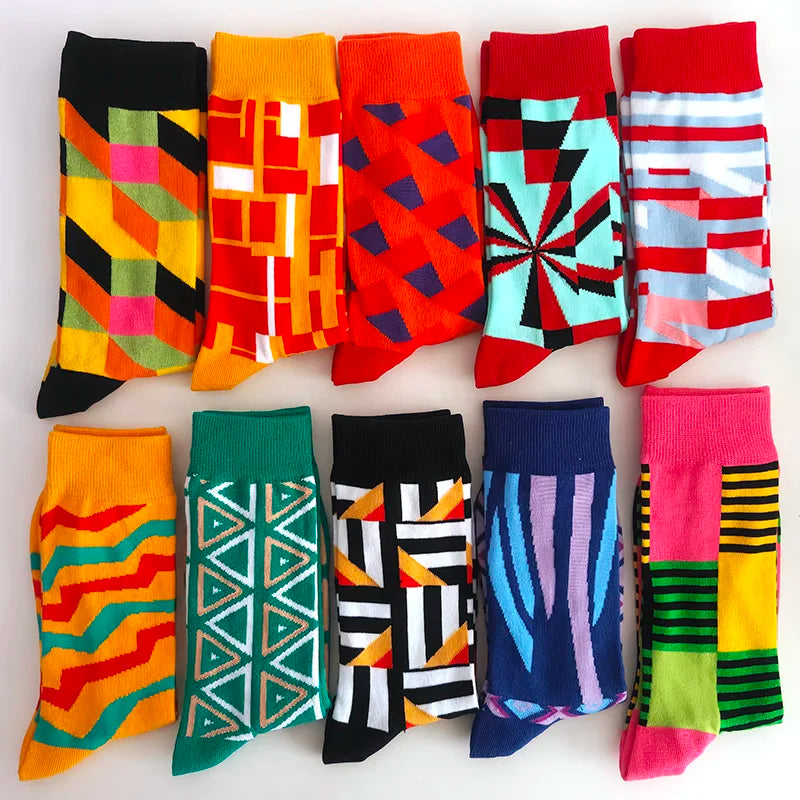 10-Pair Big Size Crew Socks Pack - 38 Style Funny Rhombus Casual Fashion Socks for Men